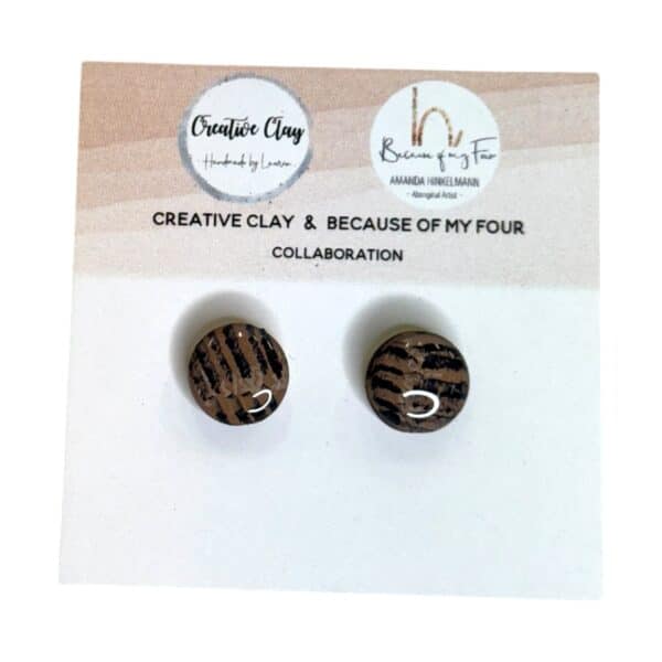 Ginny 10mm Round Studs 1 showcase Amanda Hinkelmann’s striking brushwork in warm clay tones and black, handcrafted in resin.