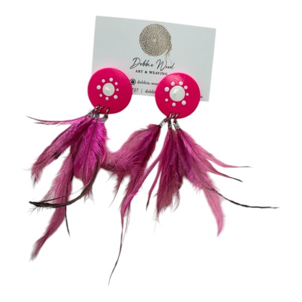 Wild Rose Earrings by Debbie Wood – hot pink and white hand-painted studs with ethically sourced dyed pink feathers.
