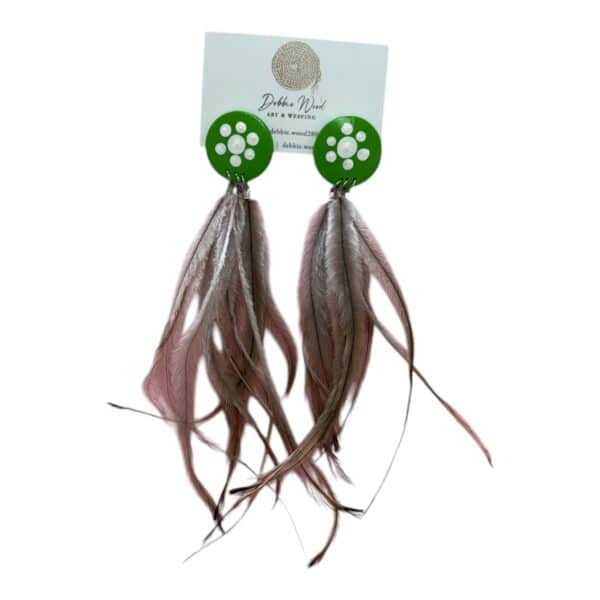 Soft Earth Earrings by Gomeroi artist Debbie Wood – green hand-painted studs with ethically sourced, earthy-toned feathers.