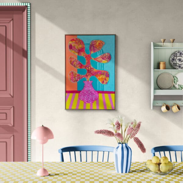 A tropical burst of colour and texture, Jeannie by Lindy Farley features coral and golden florals against a striking blue backdrop. Float framed in white.
