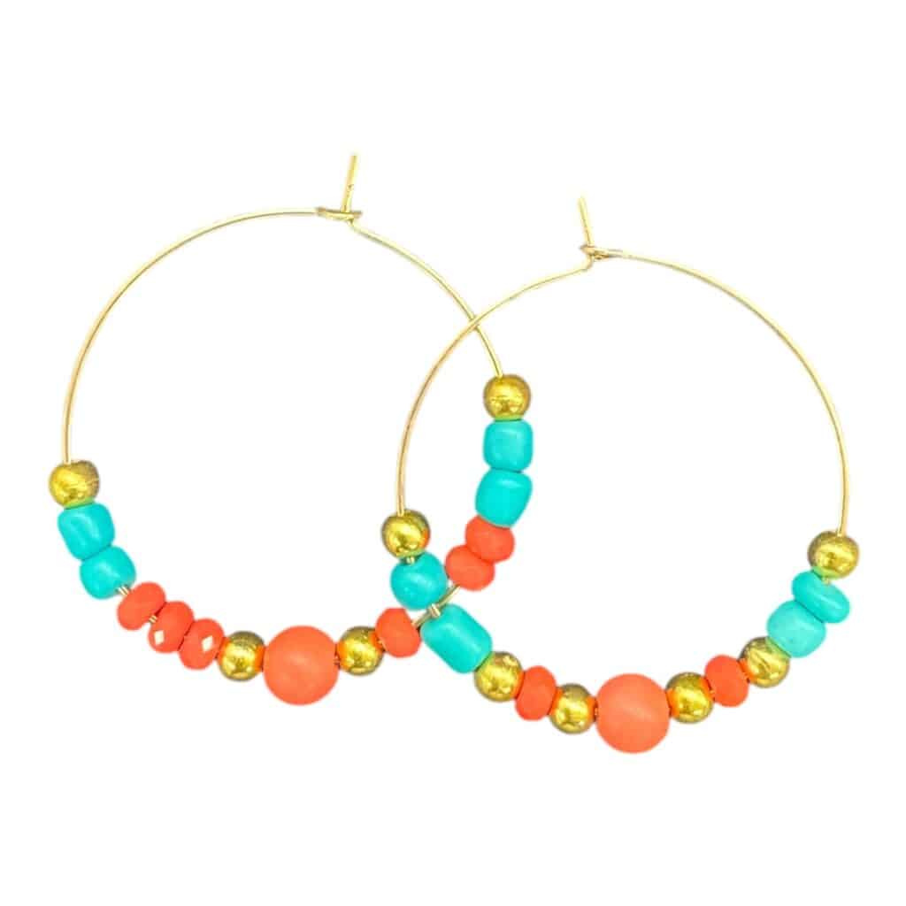 Tropicana Glow Hoops by Art in Stone — handmade hoops with bright coral, turquoise, and gold beads. Lightweight and unique!