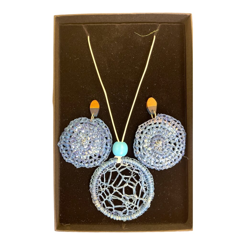 Ocean Spirit – Handwoven raffia jewellery set by Debbie Wood with dreamy blue tones and ocean-inspired pendant.