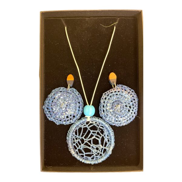 Ocean Spirit – Handwoven raffia jewellery set by Debbie Wood with dreamy blue tones and ocean-inspired pendant.
