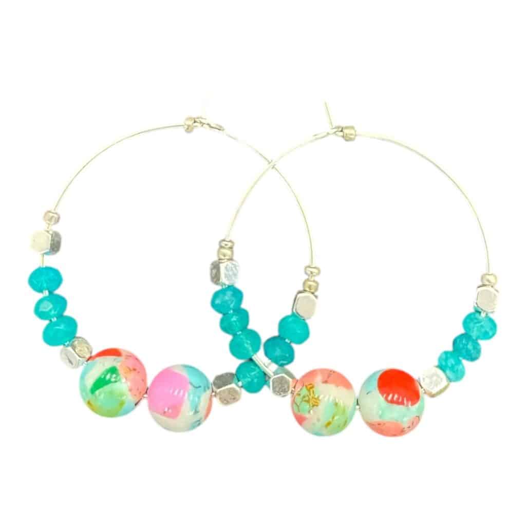 Cotton Candy Carnival Hoops by Art in Stone — pastel handmade hoops with turquoise crystals and ceramic beads. Fresh and unique!