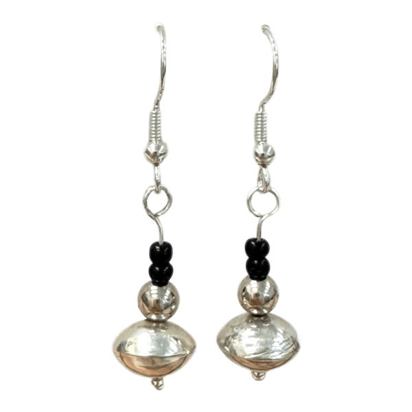 Midnight Bell Earrings – handcrafted black and silver beaded earrings by Kevin Sterling with sculptural silver bell accents.