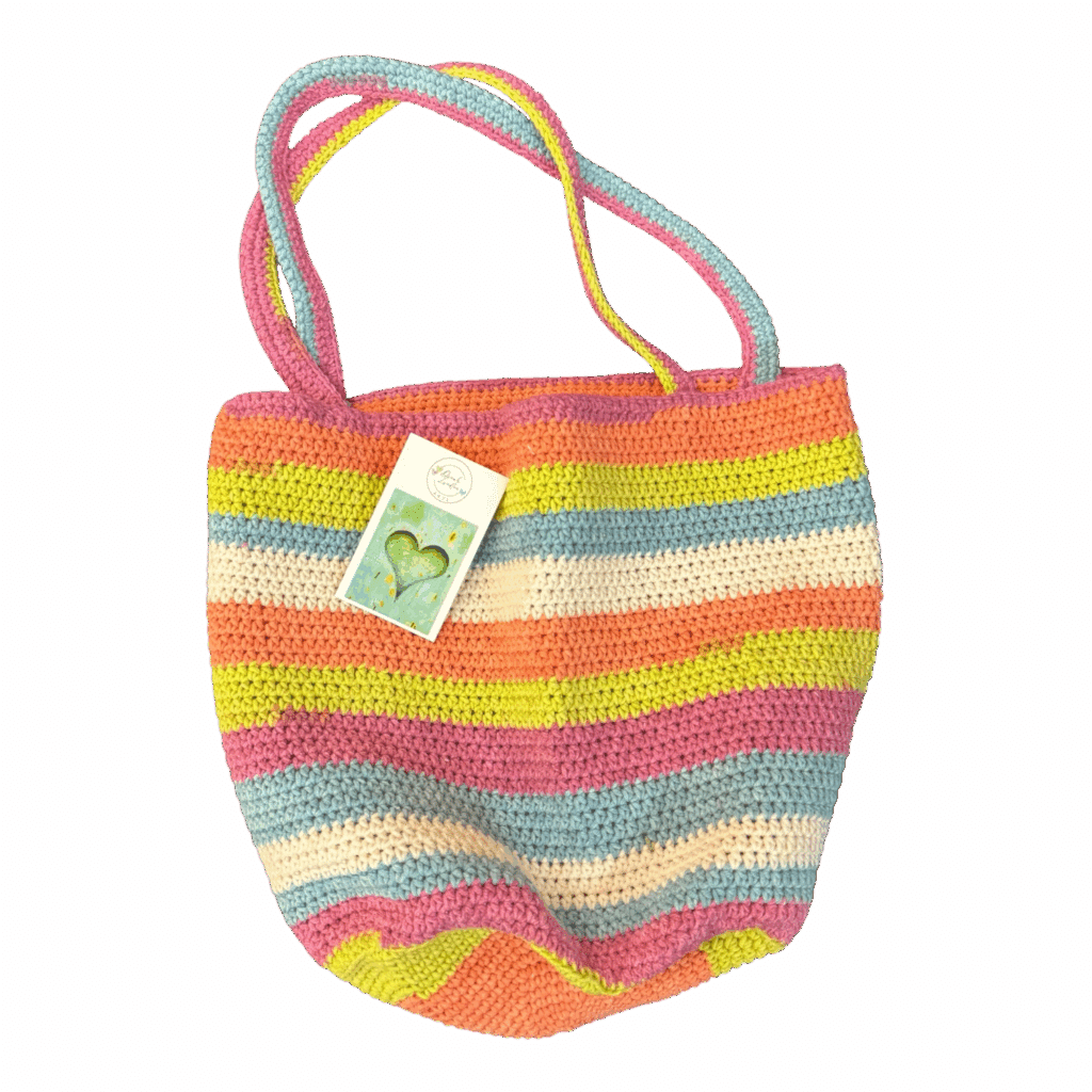 Sunshine Parade Tote by Dinah Lindon: A bright, joyful hand-crocheted bag with vibrant stripes, now available at yellowhouseart!