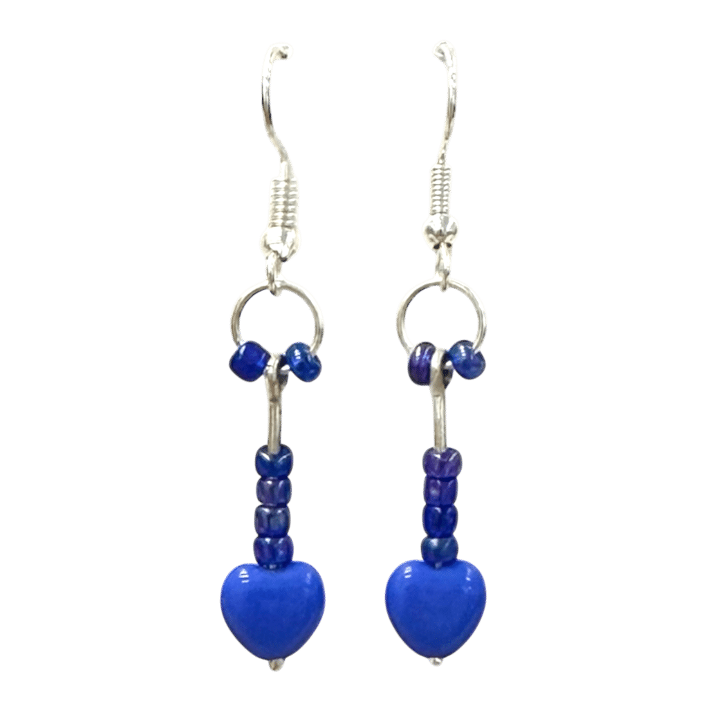 Blue Heart Drop Earrings by Kevin Sterling – charming handcrafted earrings featuring cobalt glass hearts and playful blue bead stacks.