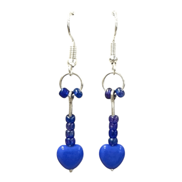 Blue Heart Drop Earrings by Kevin Sterling – charming handcrafted earrings featuring cobalt glass hearts and playful blue bead stacks.