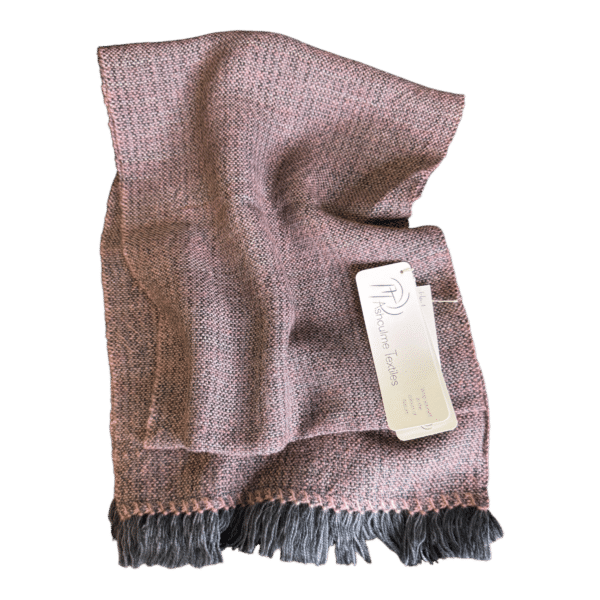 Handwoven scarf in soft plum and grey alpaca-merino blend. Naturally dyed, warm, and breathable. A timeless piece by Ashculme Textiles.