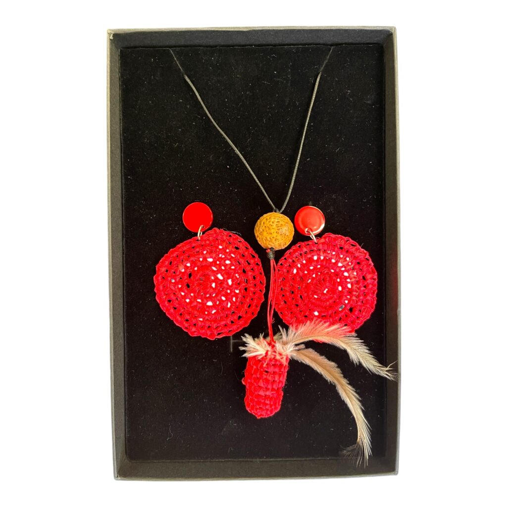 Fire Dreaming Jewellery Set – Bold handwoven red raffia jewellery set with ethically sourced emu feathers by Gomeroi artist Debbie Wood.