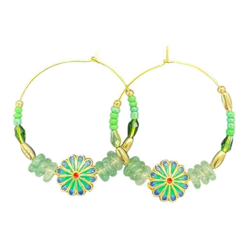 Meadow Glow Hoops by Art in Stone — handmade with crystals, enamel daisy charms, and semi-precious stones. Fresh and one of a kind!