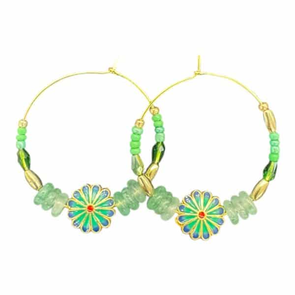 Meadow Glow Hoops by Art in Stone — handmade with crystals, enamel daisy charms, and semi-precious stones. Fresh and one of a kind!