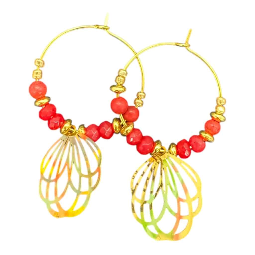 Sunset Petal Hoops by Art in Stone — handmade coral crystal earrings with golden petal drops. Unique and vibrant!
