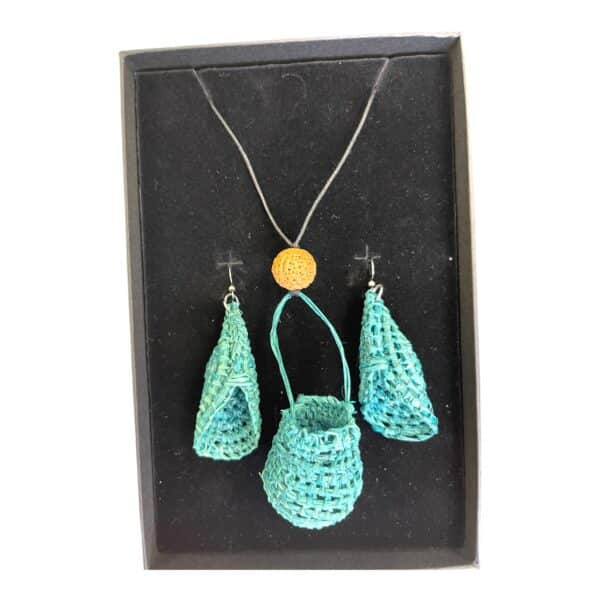 Water Carrier – Turquoise raffia basket jewellery set by Debbie Wood, honouring traditional forms and cultural strength.
