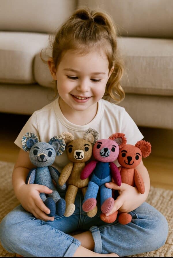 Indigo Scout Teddy is a handwoven alpaca and merino teddy bear in soothing blues, ready for cuddles and adventure by Ashculme Textiles.