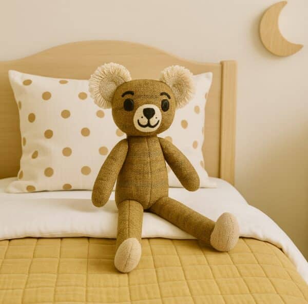 Honey Tumble Teddy is a classic golden teddy bear, handcrafted from alpaca and merino wool with sweet vintage charm by Ashculme Textiles.