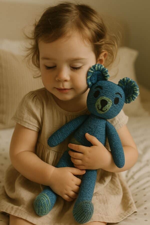 Ocean Sprout Teddy is a bold blue-green teddy bear handmade from alpaca and merino wool, full of personality and softness by Ashculme Textiles.