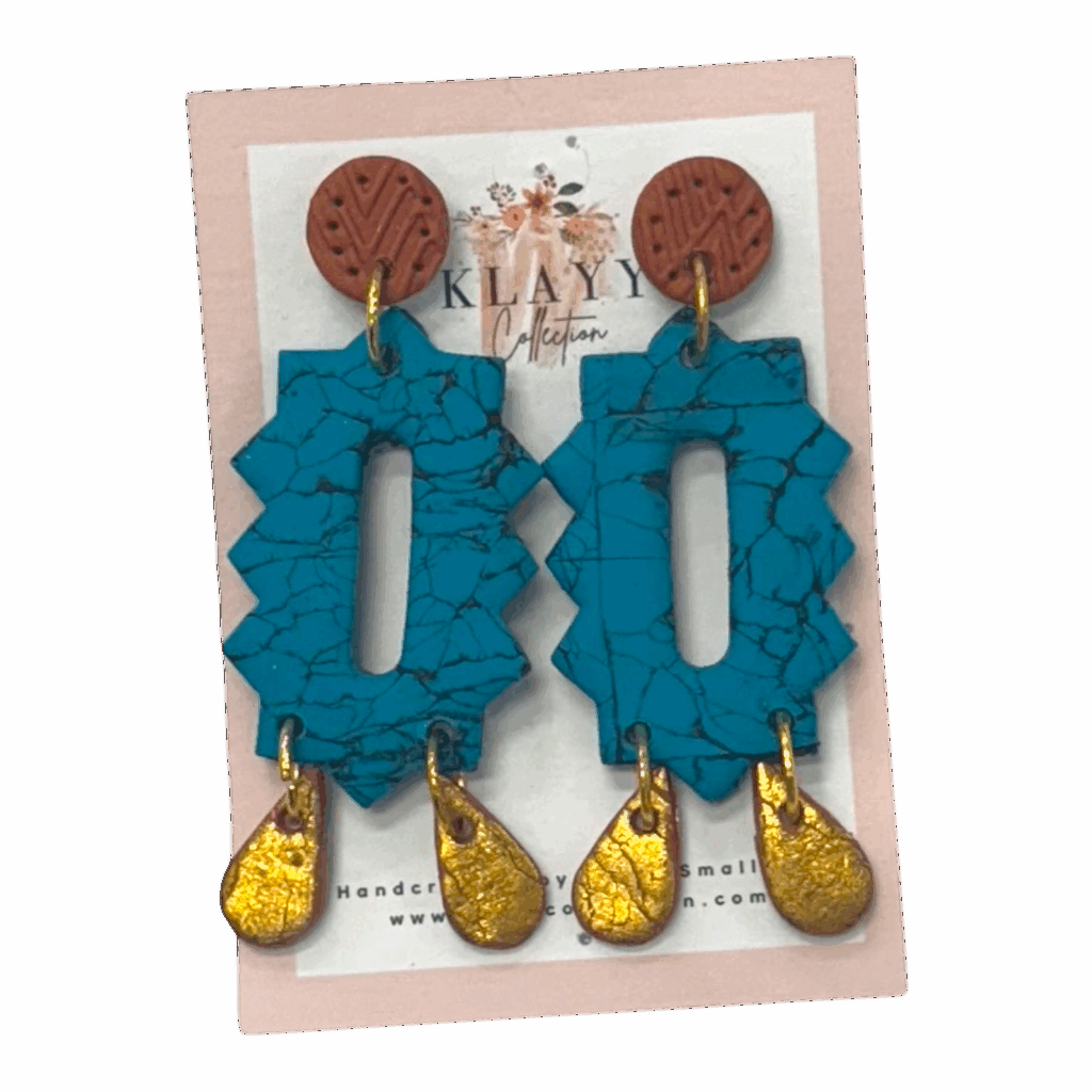 Shine bright with Golden Hour handmade polymer clay earrings by Klayy Collection – turquoise & gold statement dangles inspired by sunset tones.