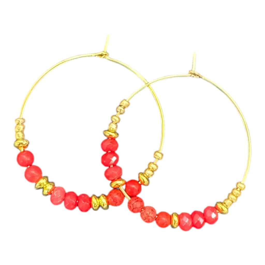 Coral Crush Hoops by Art in Stone — bold handmade hoops with coral faceted beads and gold accents. Vibrant, fresh, and unique!