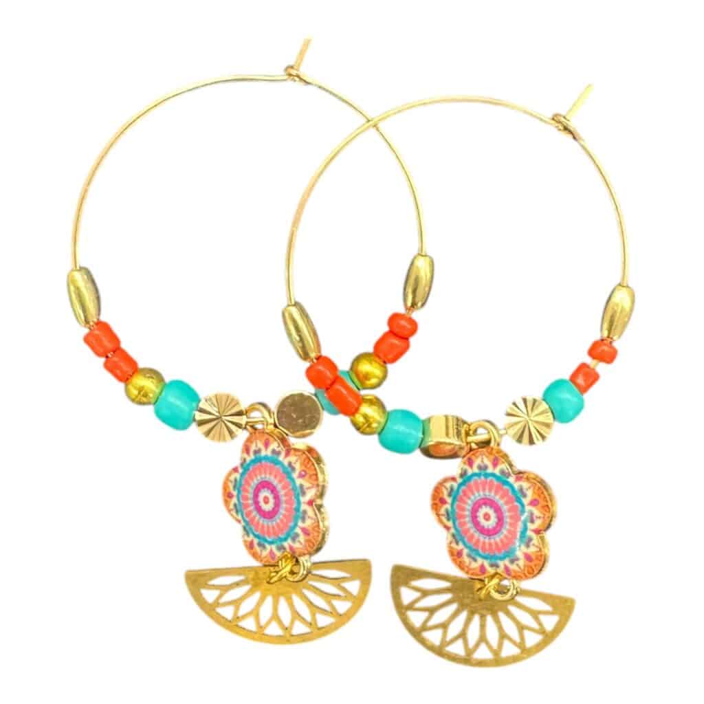 Mandala Bloom Hoops by Art in Stone — colourful handmade earrings with mandala flowers and golden fan drops. One of a kind!