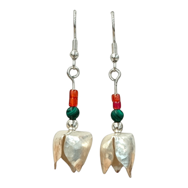 Blooming Bell Earrings by Kevin Sterling – floral-inspired silver earrings with sculpted petals and colourful bead detailing.