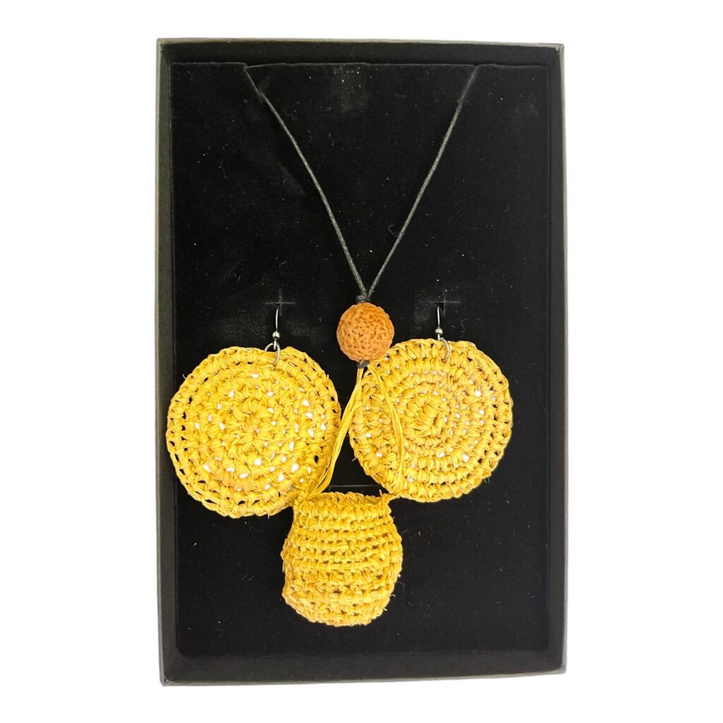 Golden Light – Yellow raffia basket and earring set traditionally handwoven by Gomeroi artist Debbie Wood with natural seed bead.