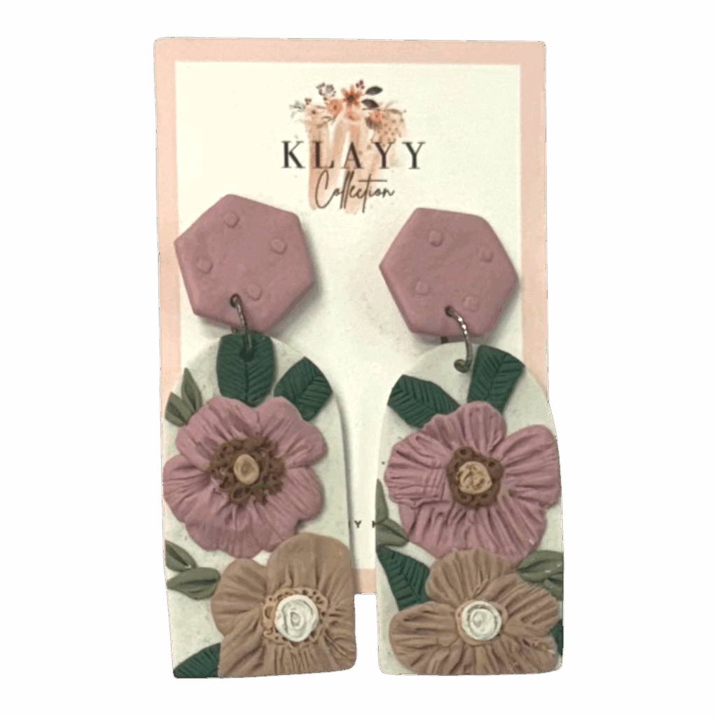 Petal Poetry polymer clay earrings by Klayy Collection – blush & nude handmade florals with pink hex studs. Romantic, elegant & lightweight.