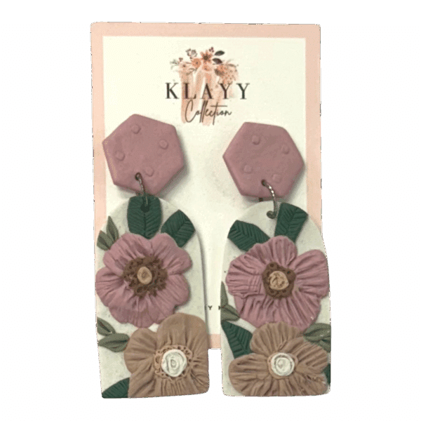 Petal Poetry polymer clay earrings by Klayy Collection – blush & nude handmade florals with pink hex studs. Romantic, elegant & lightweight.