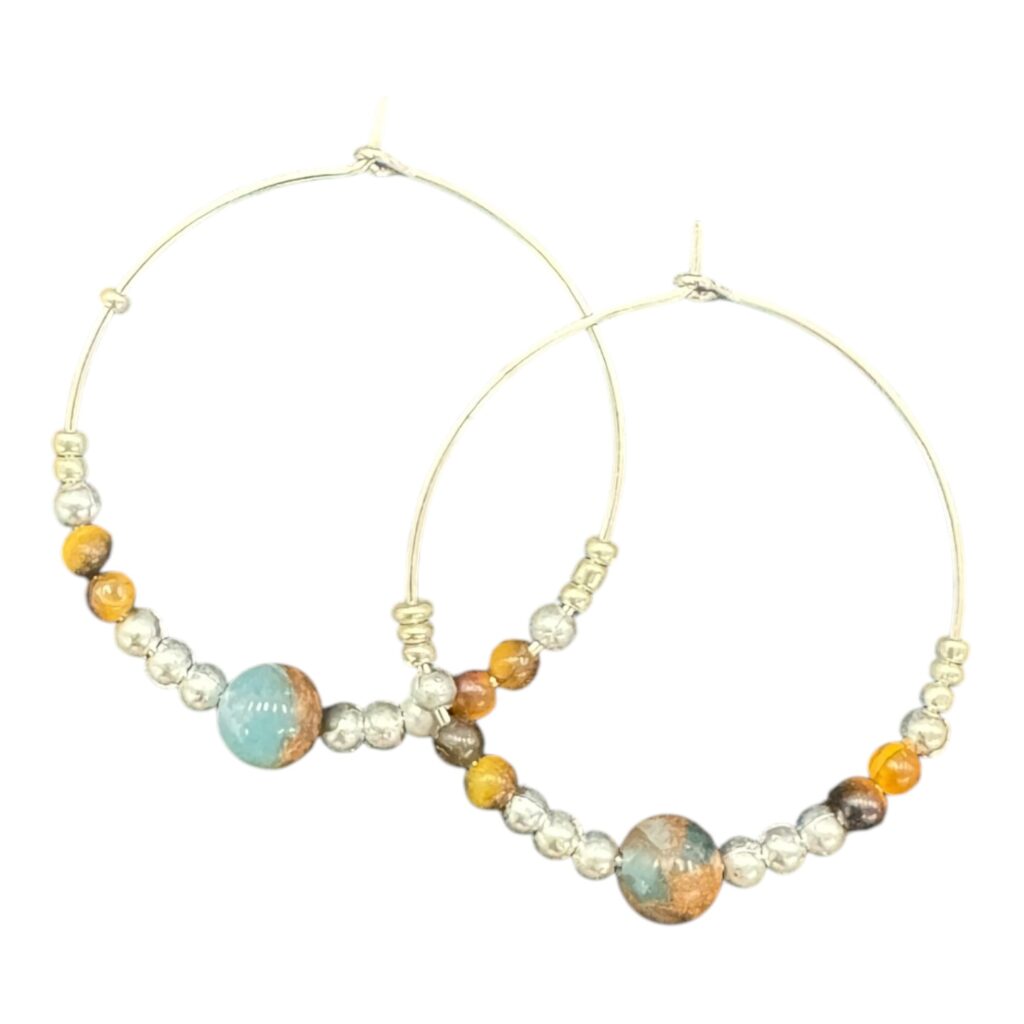 Desert Sky Hoops by Art in Stone — handmade hoop earrings with aqua and ochre stones and silver accents. Natural, fresh, and unique!