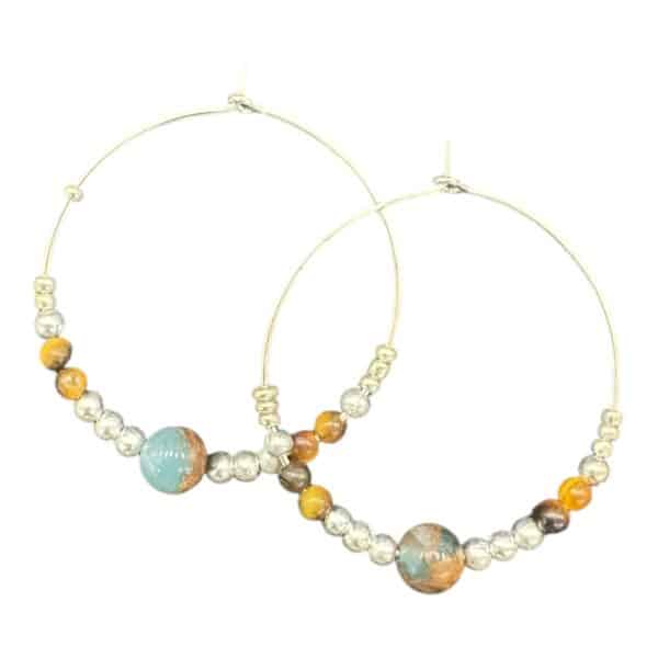 Desert Sky Hoops by Art in Stone — handmade hoop earrings with aqua and ochre stones and silver accents. Natural, fresh, and unique!