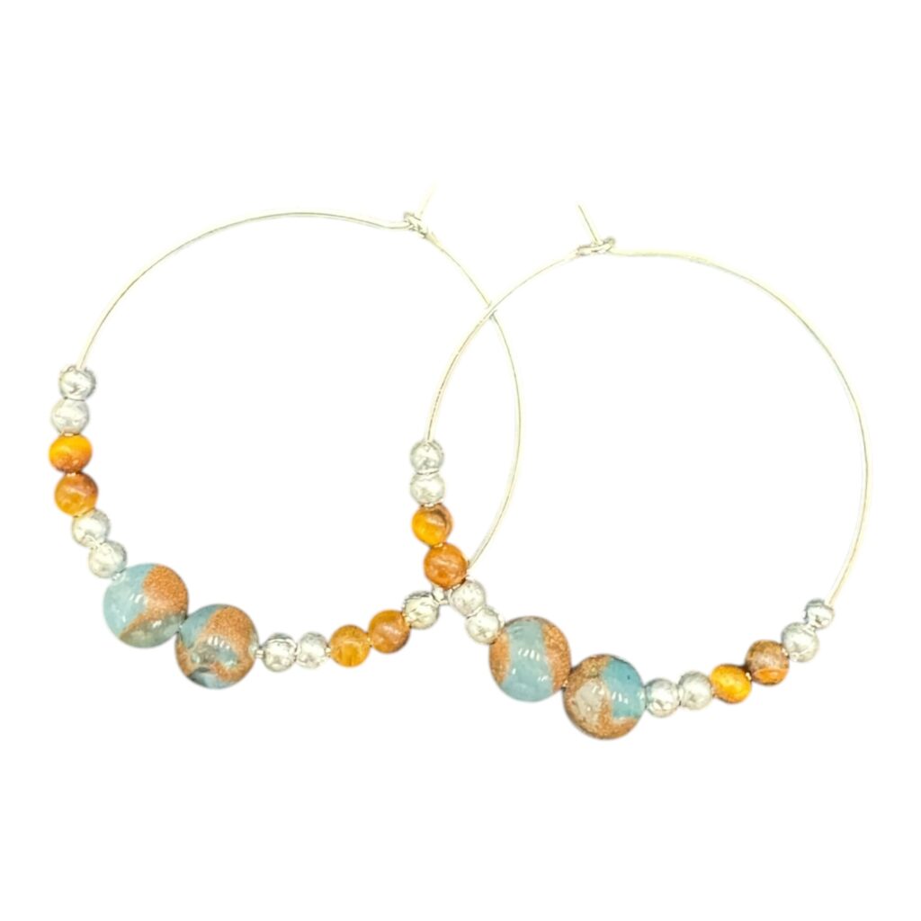 Golden Horizon Hoops by Art in Stone — handmade earrings with amber and aqua stones and silver accents. Earthy, light, and unique!