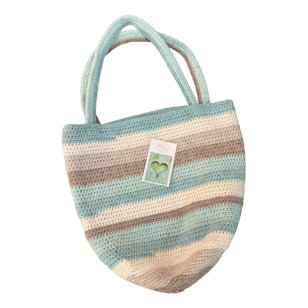Seabreeze Tote by Dinah Lindon: A fresh coastal-inspired hand-crocheted bag in soft blues and neutrals, available now at yellowhouseart!