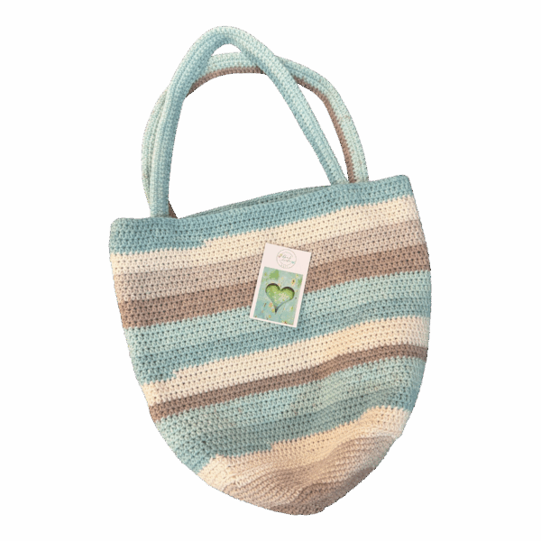 Seabreeze Tote by Dinah Lindon: A fresh coastal-inspired hand-crocheted bag in soft blues and neutrals, available now at yellowhouseart!