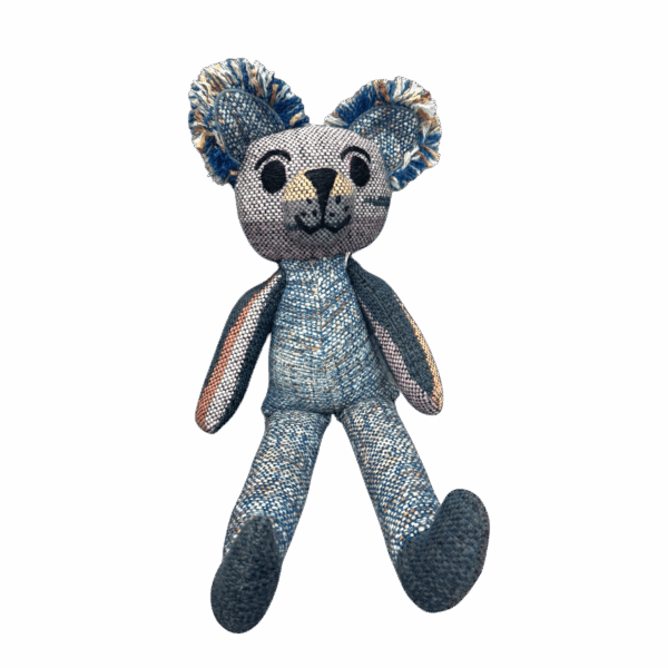 Indigo Scout Teddy is a handwoven alpaca and merino teddy bear in soothing blues, ready for cuddles and adventure by Ashculme Textiles.