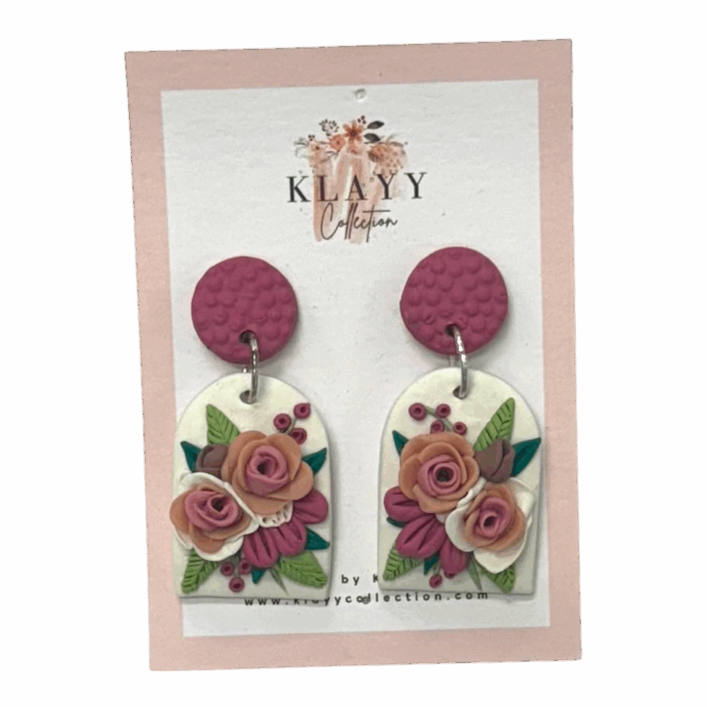 Romantic Blush & Bloom earrings by Klayy Collection – handmade polymer clay florals in mauve & blush. Elegant, feminine, & lightweight statement drops.