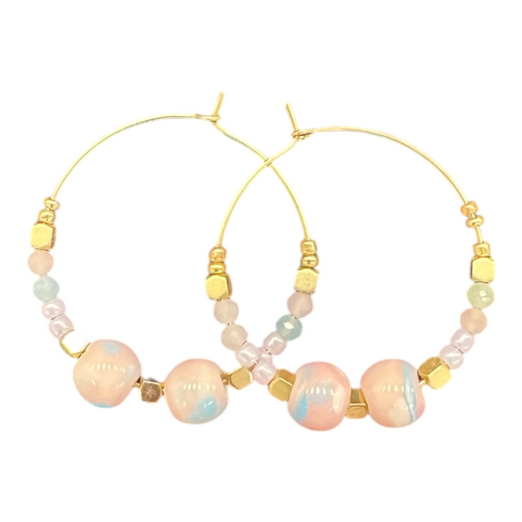 Blush Mirage Hoops by Art in Stone — handmade pastel hoop earrings with semi-precious stones and gold accents. Soft, dreamy, and unique!
