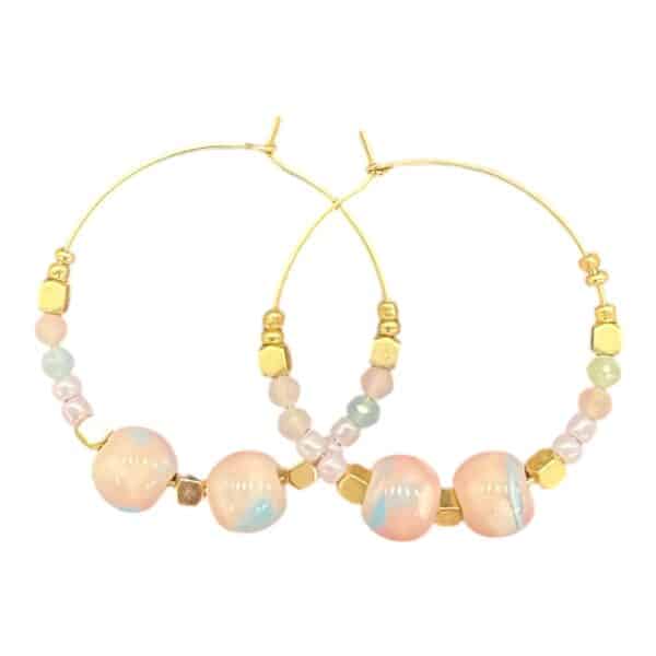 Blush Mirage Hoops by Art in Stone — handmade pastel hoop earrings with semi-precious stones and gold accents. Soft, dreamy, and unique!