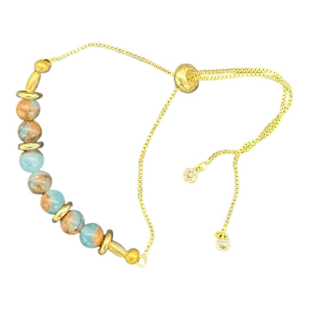Sands of Time Bracelet by Art in Stone — handmade with semi-precious stones, golden accents, and CZ sparkle. Adjustable and one of a kind!