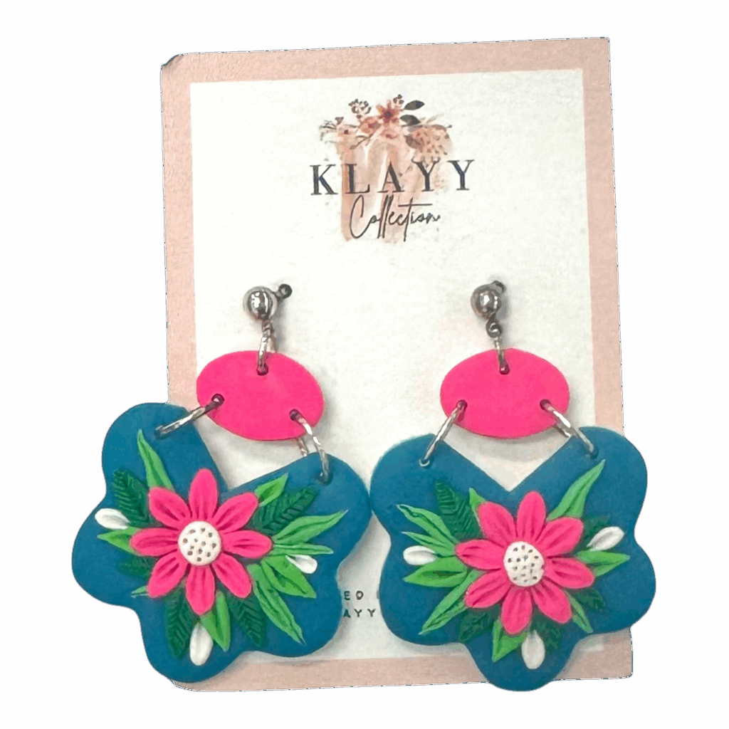 Handmade Tropical Fiesta Earrings by Klayy Collection — bright pink floral polymer clay earrings bursting with colour and tropical joy.