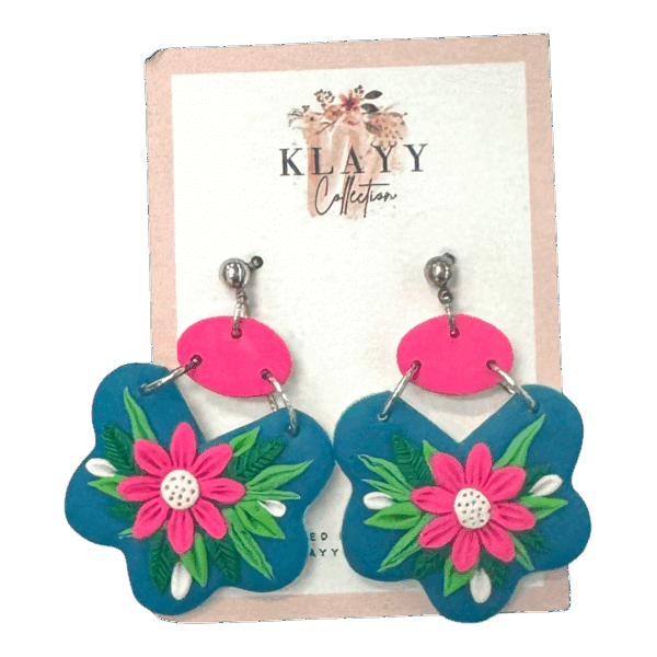 Handmade Tropical Fiesta Earrings by Klayy Collection — bright pink floral polymer clay earrings bursting with colour and tropical joy.