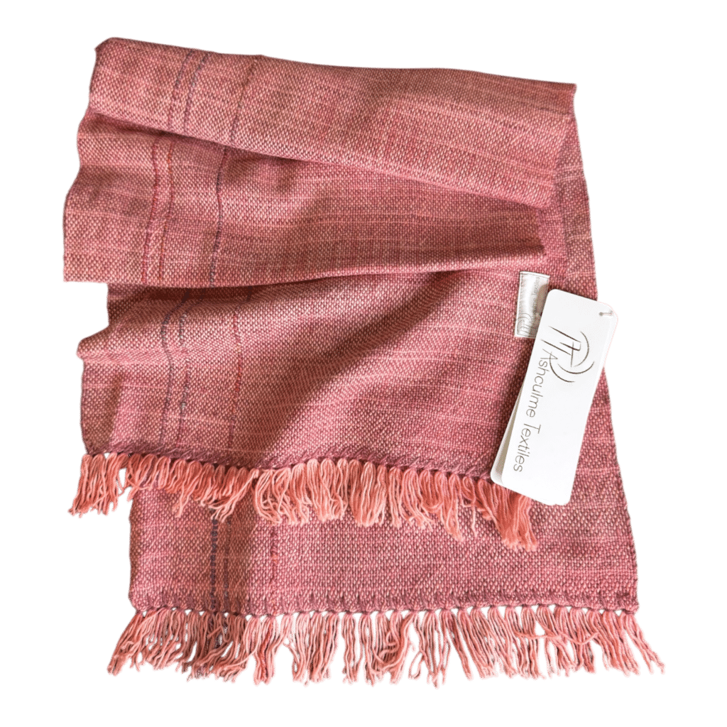 Blush pink scarf in alpaca and merino wool, handwoven and naturally dyed with foraged plants. Soft, warm, and timeless - Blush Banksia.