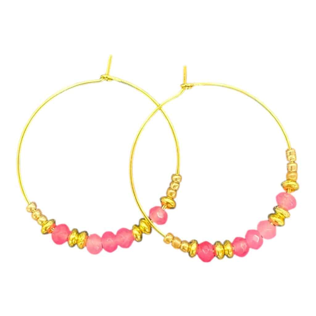 Pink Fizz Hoops by Art in Stone — handmade hoops with pink faceted beads and gold accents. Fresh, lightweight, and one of a kind!