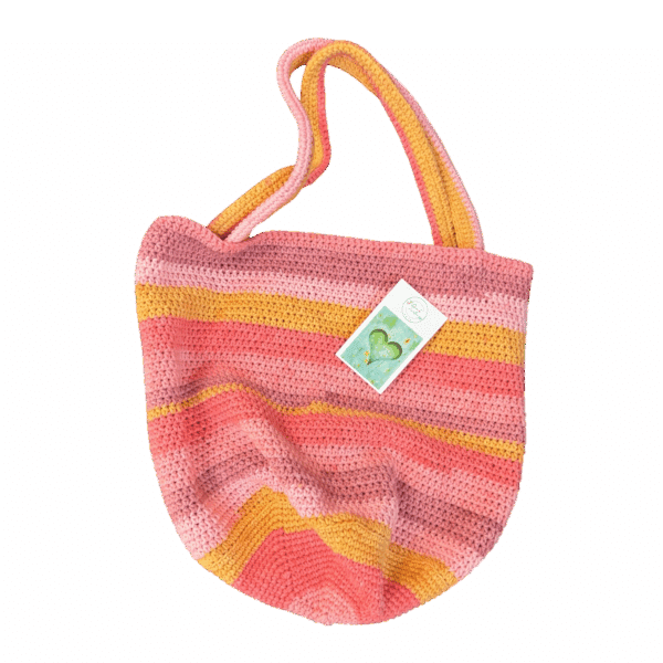 Pink Lemonade Tote by Dinah Lindon: A zesty, colourful hand-crocheted bag bursting with sunny vibes, now available at yellowhouseart!