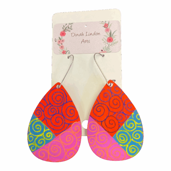 Candy Swirl Teardrop Earrings by Dinah Lindon – colourful, lightweight, handpainted statement earrings with a playful spiral design.