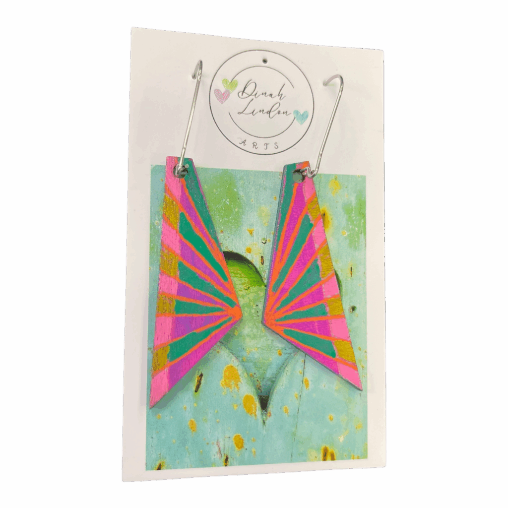 Radiant Burst Wings by Dinah Lindon – handpainted statement earrings with bold colour bursts and angular wing shapes.