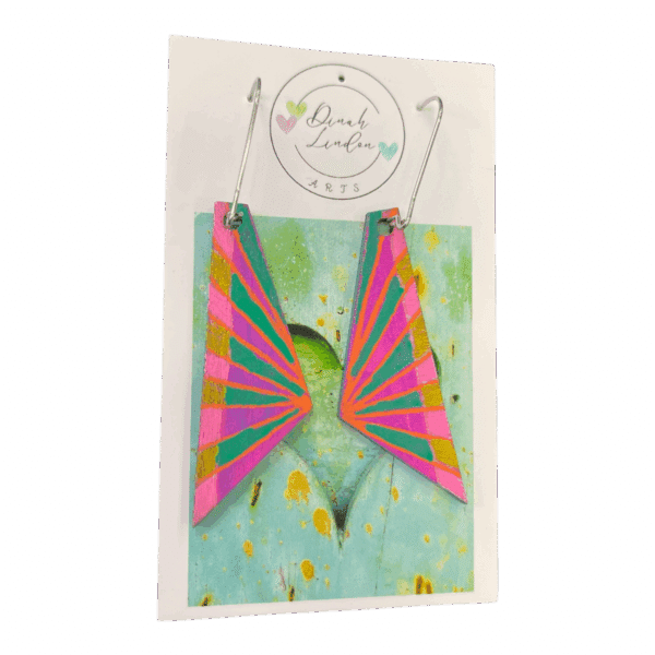 Radiant Burst Wings by Dinah Lindon – handpainted statement earrings with bold colour bursts and angular wing shapes.
