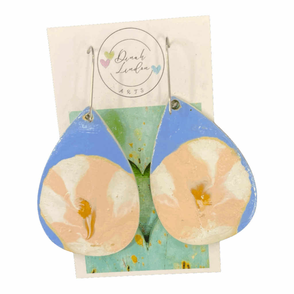 Soft Bloom Teardrops by Dinah Lindon – handpainted floral earrings in soft peach and blue, inspired by serene garden mornings.