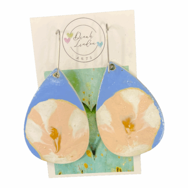 Soft Bloom Teardrops by Dinah Lindon – handpainted floral earrings in soft peach and blue, inspired by serene garden mornings.