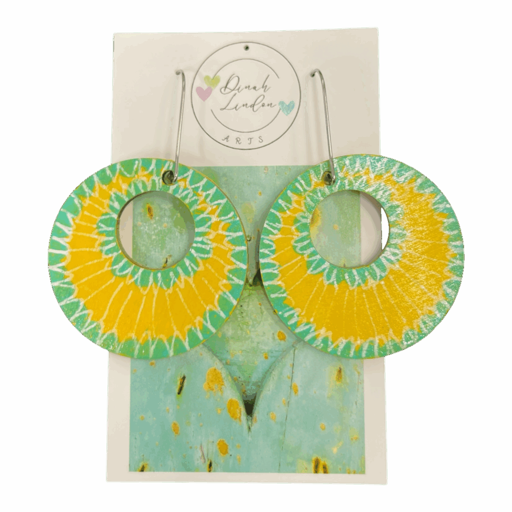 Sunburst Circle Hoops by Dinah Lindon – handpainted yellow and green earrings with radiant sun-inspired design on lightweight wood.