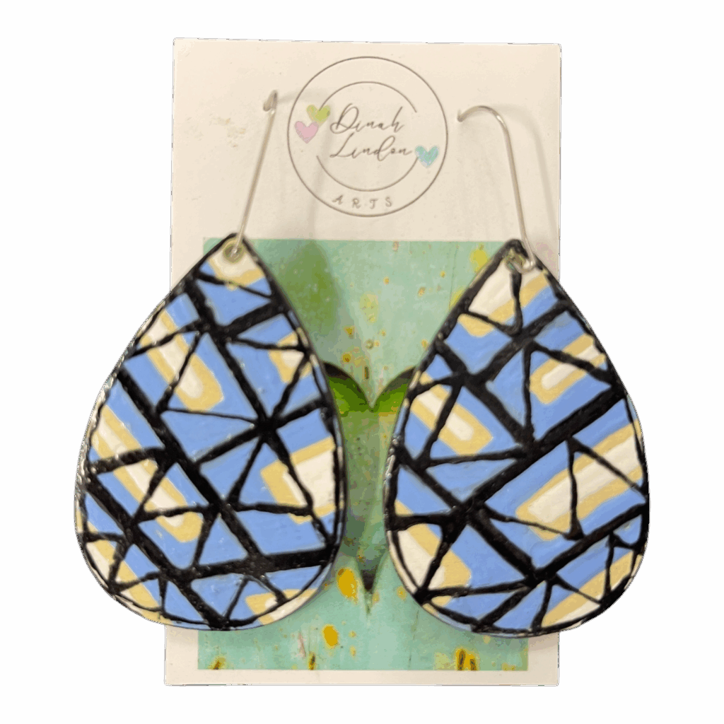 Mosaic Dreams Teardrops – geometric handpainted earrings in black, cream, and blue, crafted from wood and finished with gloss.